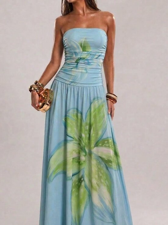Dresses & Skirts - Blue Elegant Women's Strapless Floral Beach Maxi Dress